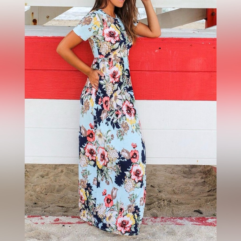 Light Blue Floral Short-Sleeve Maxi Dress - Picture 2 of 9